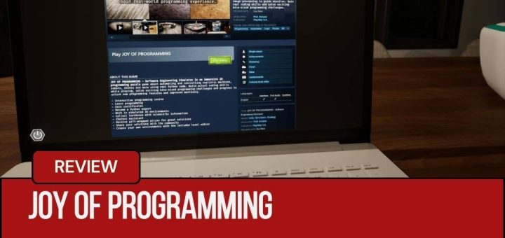 A laptop displaying JOY OF PROGRAMMING – Software Engineering Simulator as part of an in-depth look at its coding-focused gameplay.