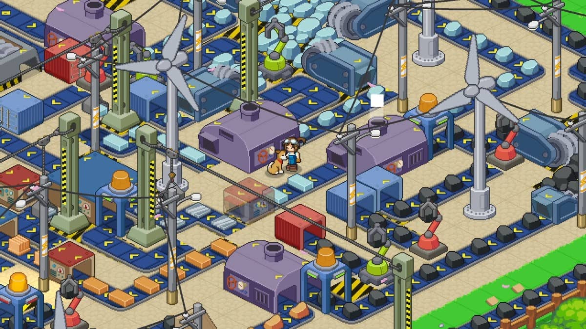The hero and her dog stand inside a vast automated facility filled with computers and machinery in Little Rocket Lab.