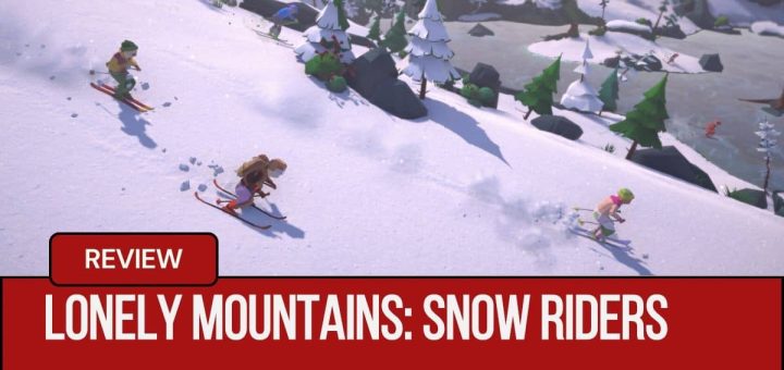 Four players racing downhill in Lonely Mountains Snow Riders with a frozen lake in the background during a side-on shot.