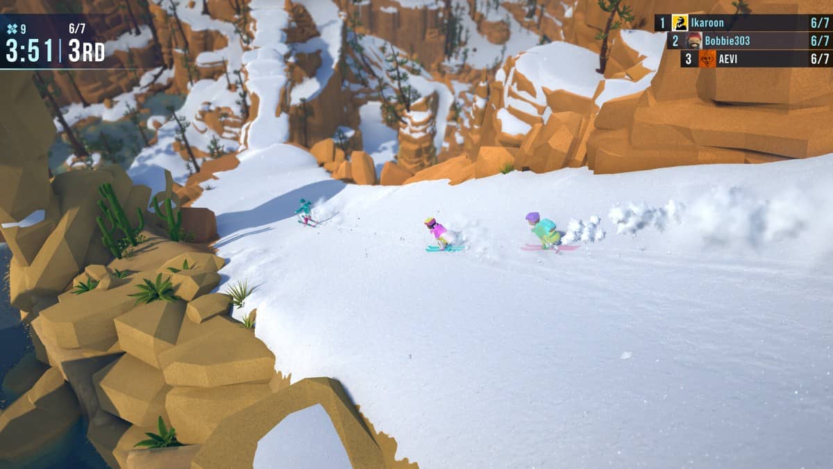Four players racing down a snow covered ravine in Lonely Mountains Snow Riders with the camera positioned behind them.