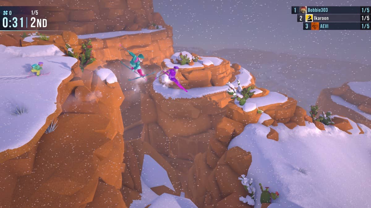 Four players leaping over a mountain crevice performing stunts in Lonely Mountains Snow Riders during a dynamic action shot.