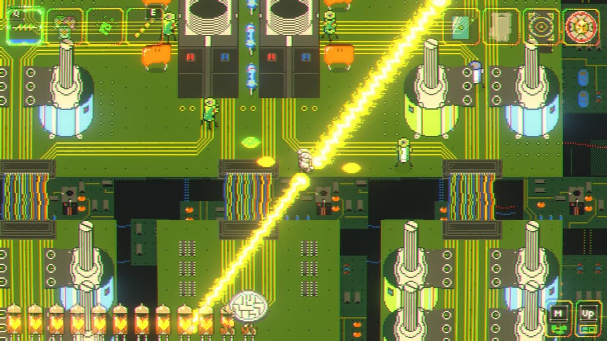 Player firing two lasers in Look Mum No Computer during a fast paced fight inside the pc chip board area