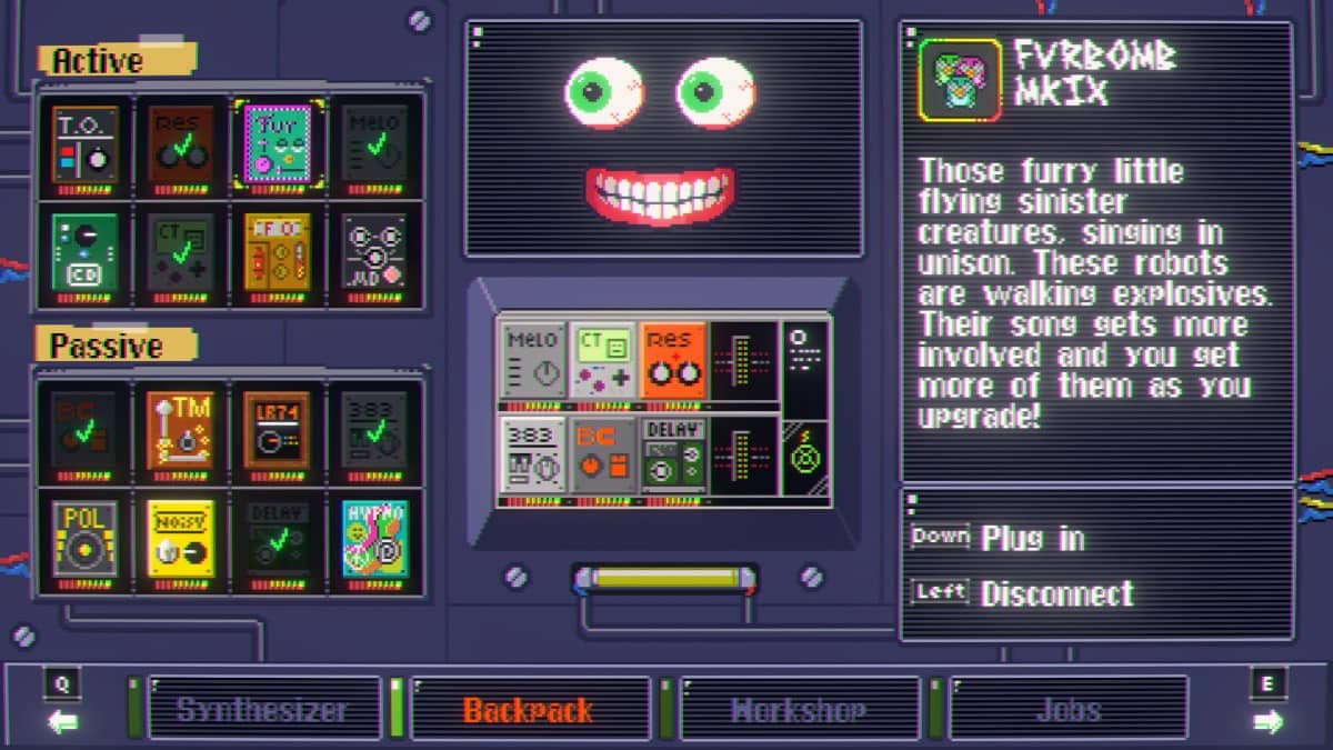 The module inventory in Look Mum No Computer showing how weapons and abilities change when installing different parts