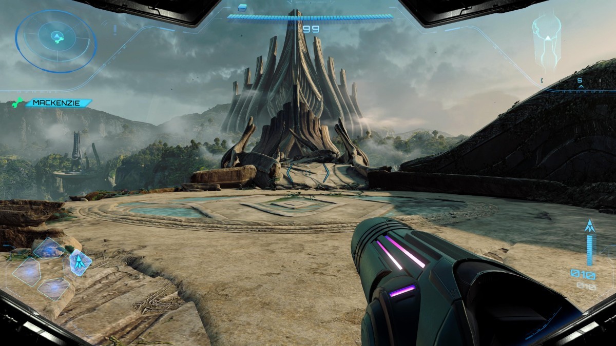 Ion Visor view showcasing the vast beauty of the world in Metroid Prime 4 Beyond.