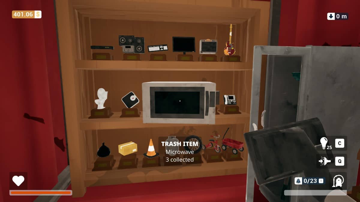 A cabinet filled with collected trophies and items discovered throughout One Mans Treasure.