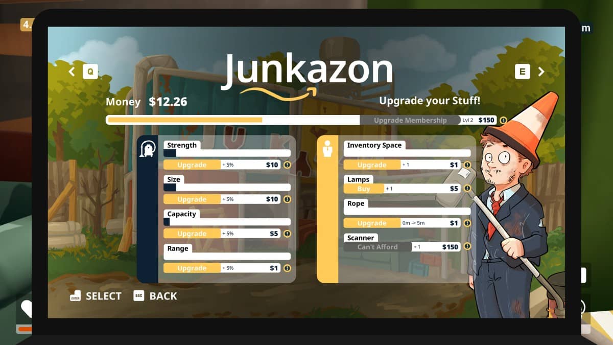 The upgrade screen in One Mans Treasure showing how each tool and ability can be improved.