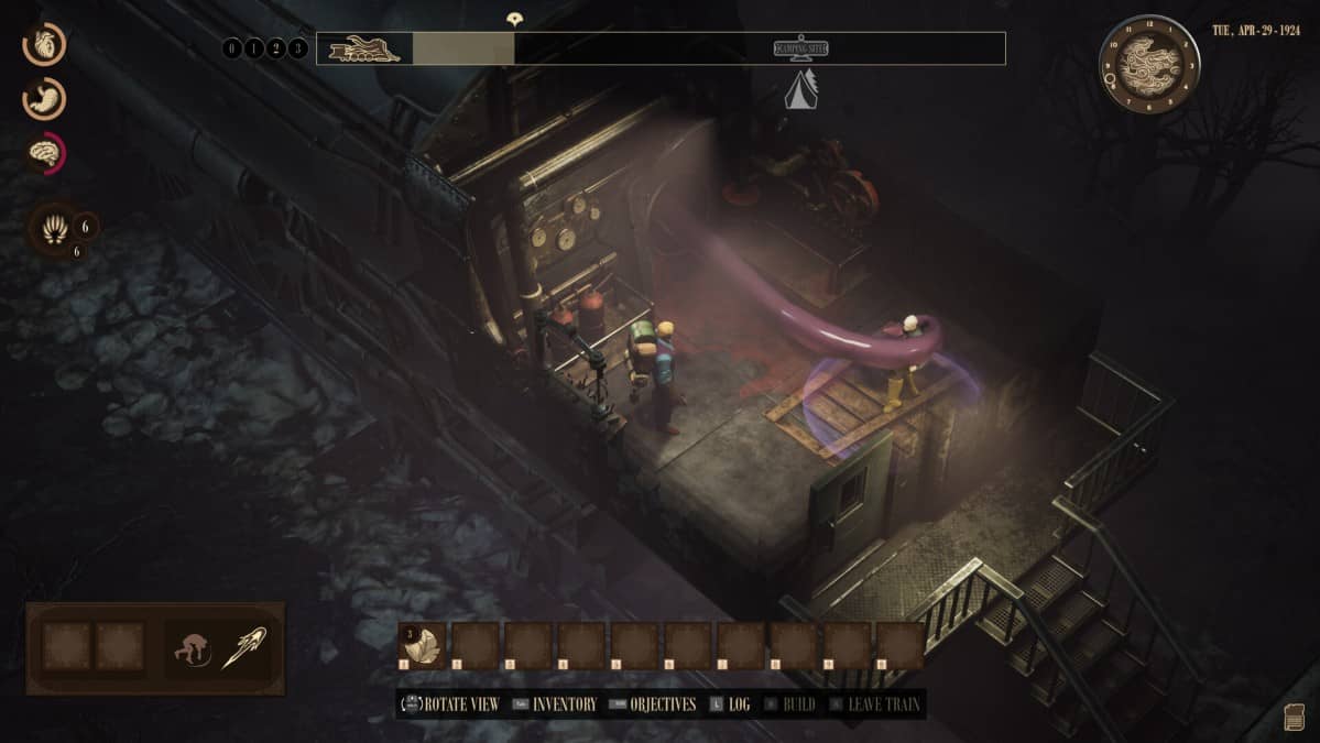 A player stands aboard the living train in RailGods of Hysterra Preview, showing the creature fused into the machinery.