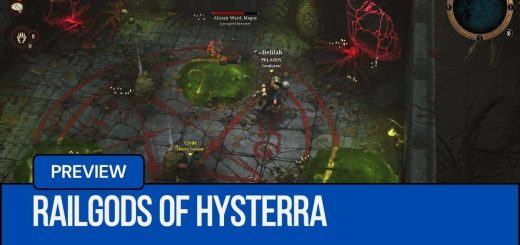 Players exploring a dark dungeon in RailGods of Hysterra Preview surrounded by Lovecraftian creatures and eerie signage.