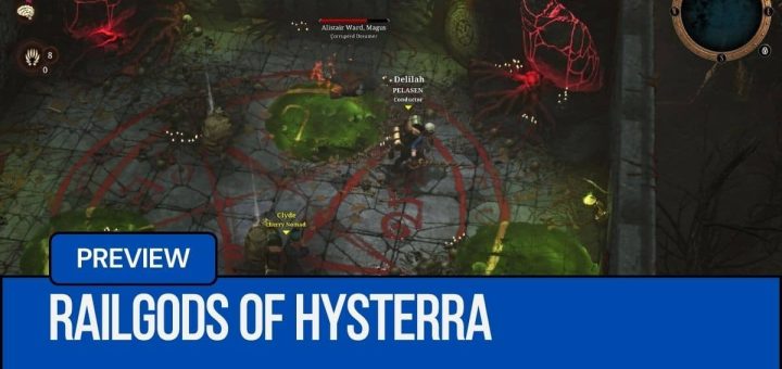 Players exploring a dark dungeon in RailGods of Hysterra Preview surrounded by Lovecraftian creatures and eerie signage.