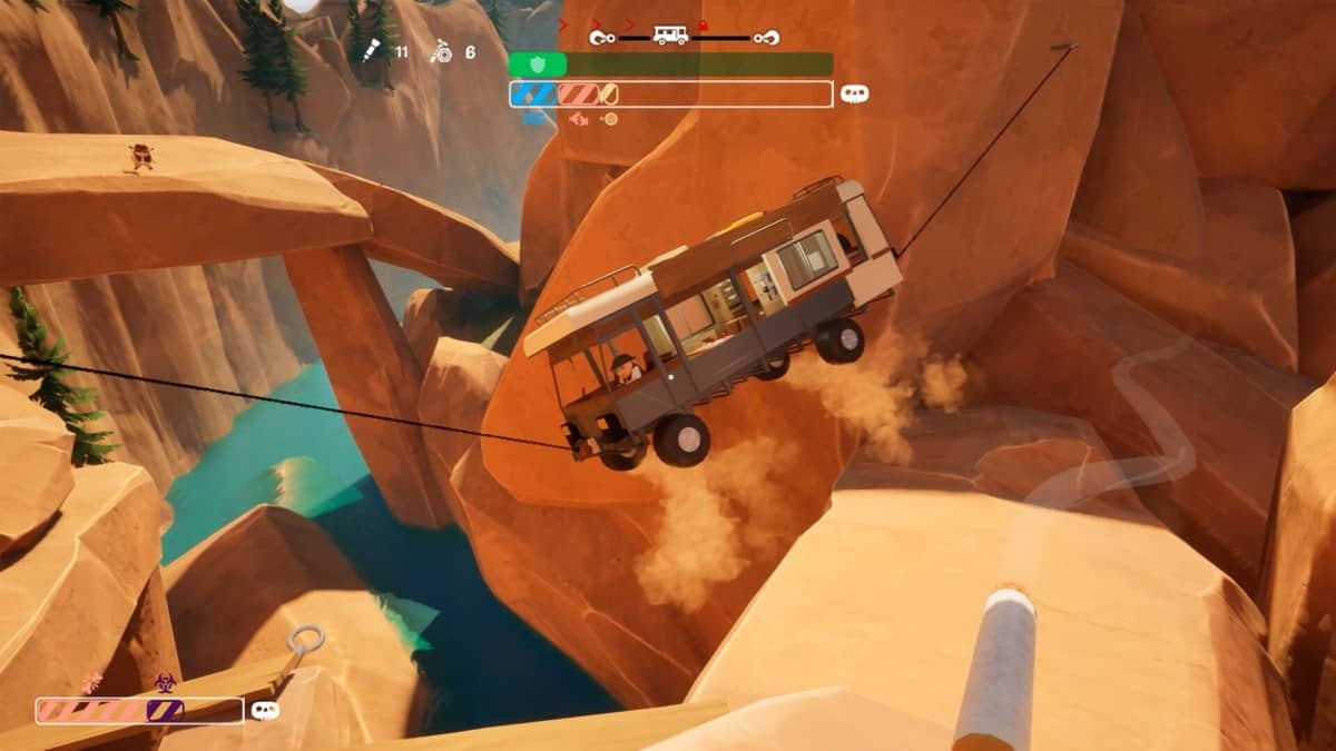 The RV in RV There Yet? glides along a support wire with all players onboard, suspended high above the ground.