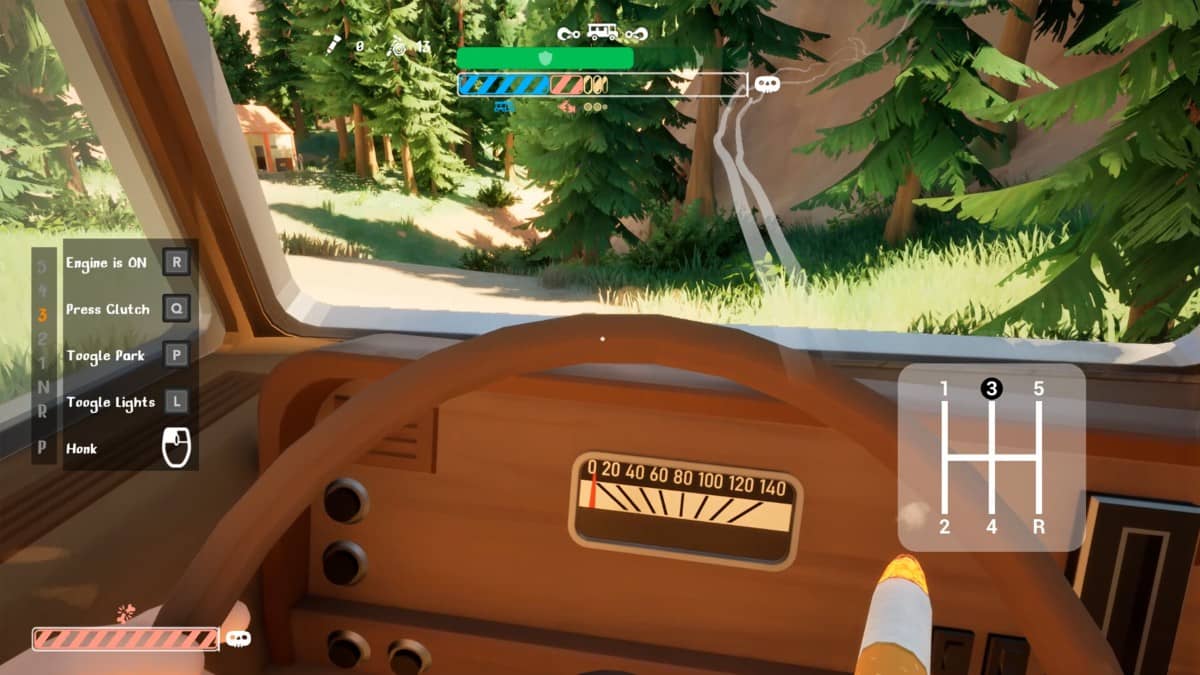 A first-person look at driving the RV in RV There Yet?, highlighting the clear windshield and detailed dashboard.