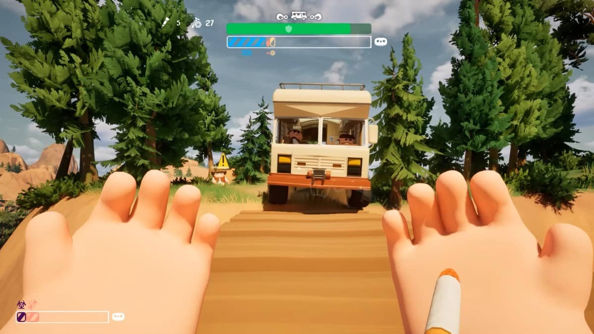A player guides the RV in RV There Yet? as it drives uphill toward them with a moose statue on top.
