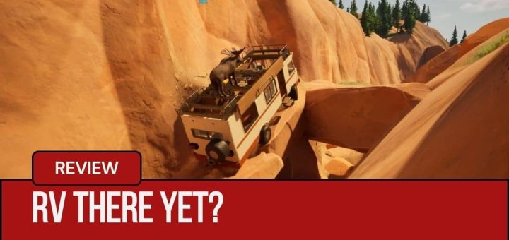An RV in RV There Yet? struggling up a steep mountain road with a moose statue mounted on top.