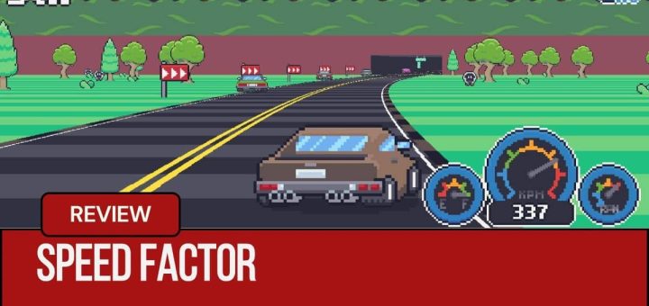 A sports car speeding across a green field track in Speed Factor during an in depth look at its gameplay.