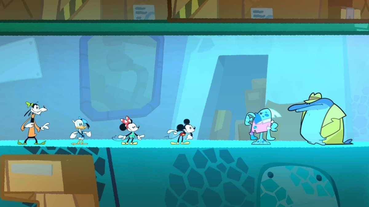 The gang encountering two shady characters in Disney Illusion Island Starring Mickey and Friends.