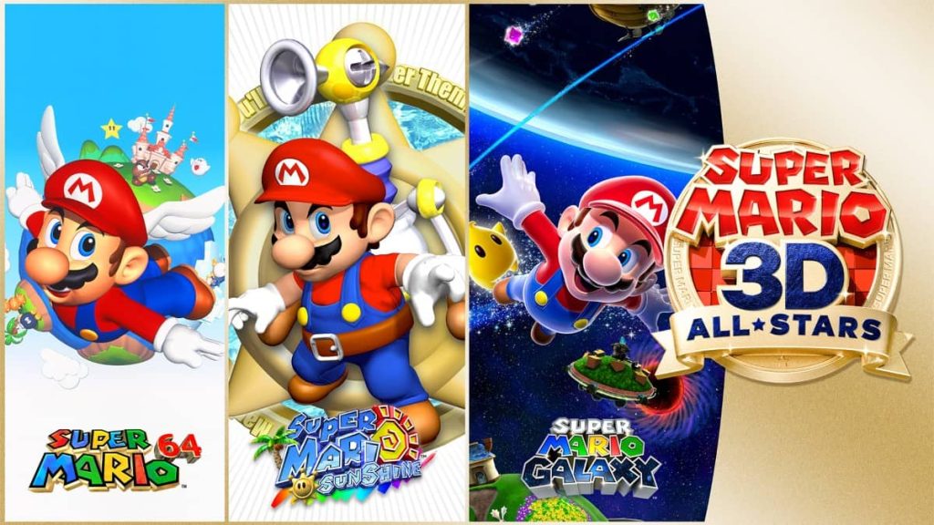 Cover art for Super Mario 3D All-Stars featuring Mario 64, Sunshine, and Galaxy.