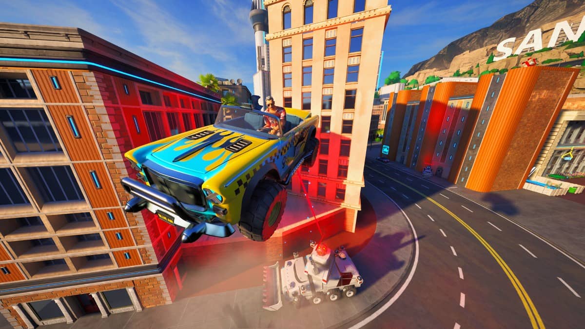 The taxi leaps high into the air in Taxi Chaos 2, dodging an aggressive police bot during a sunset chase.