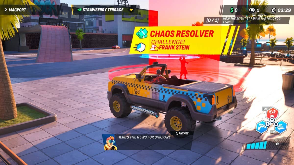 The player skids into a customer pickup point in Taxi Chaos 2, highlighting the difficulty and cash reward UI.