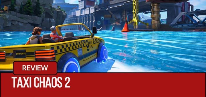 A high-speed drift over water in Taxi Chaos 2 as the player races to deliver a customer across the city.