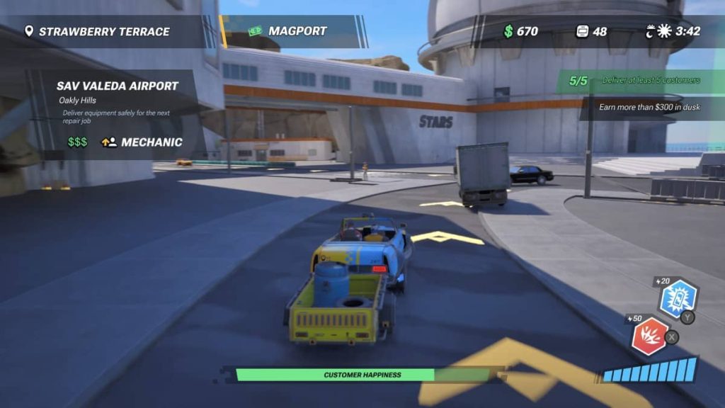 A glowing route appears on the ground in Taxi Chaos 2 as the player tears through the city toward their destination.