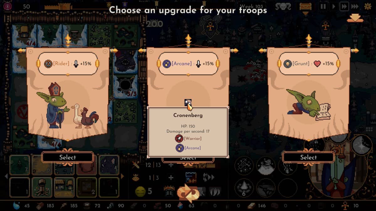 A typical upgrade choice menu showing new army abilities and boosts in The King is Watching.