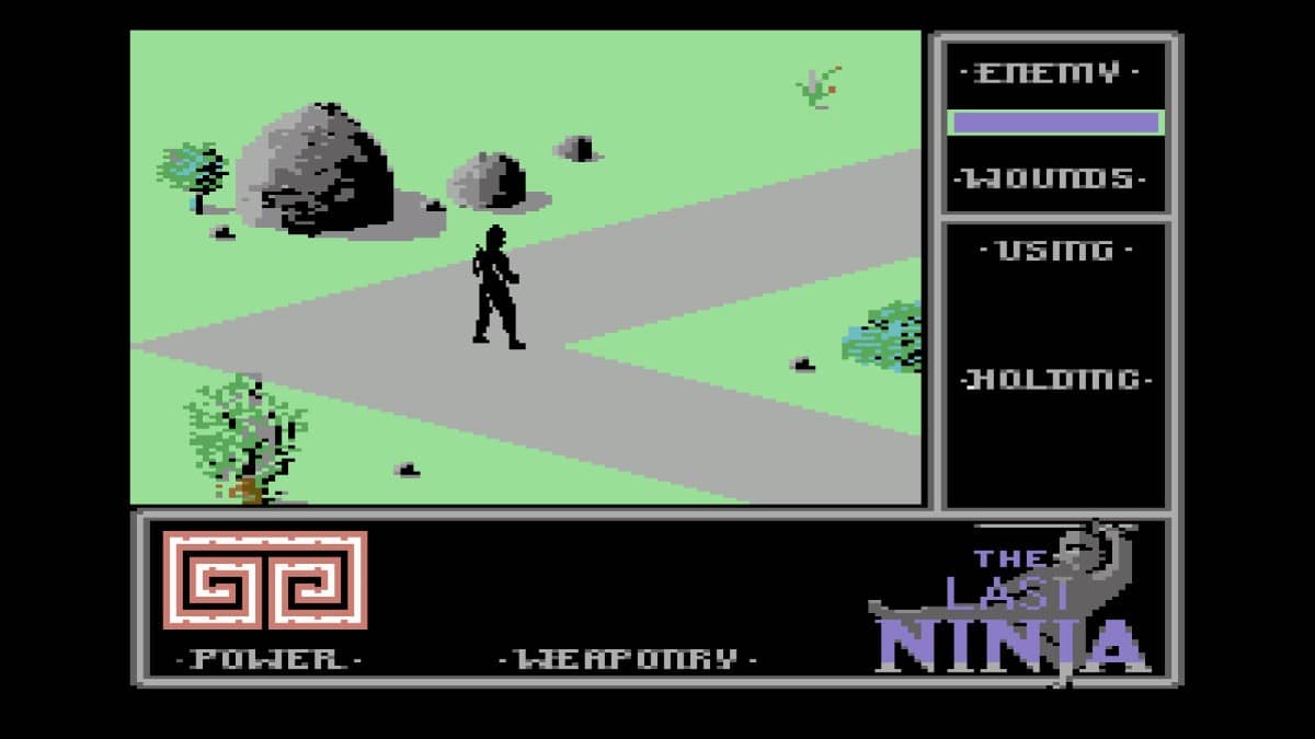 A classic in game scene from The Last Ninja Collection + Bonus Games showing the character navigating the path ahead.
