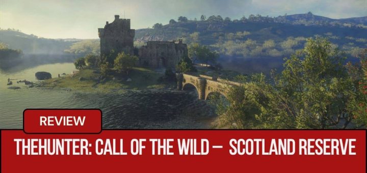 A scenic sunset view of the castle home in theHunter Call of the Wild Scotland Hunting Reserve on its island with a stone bridge.