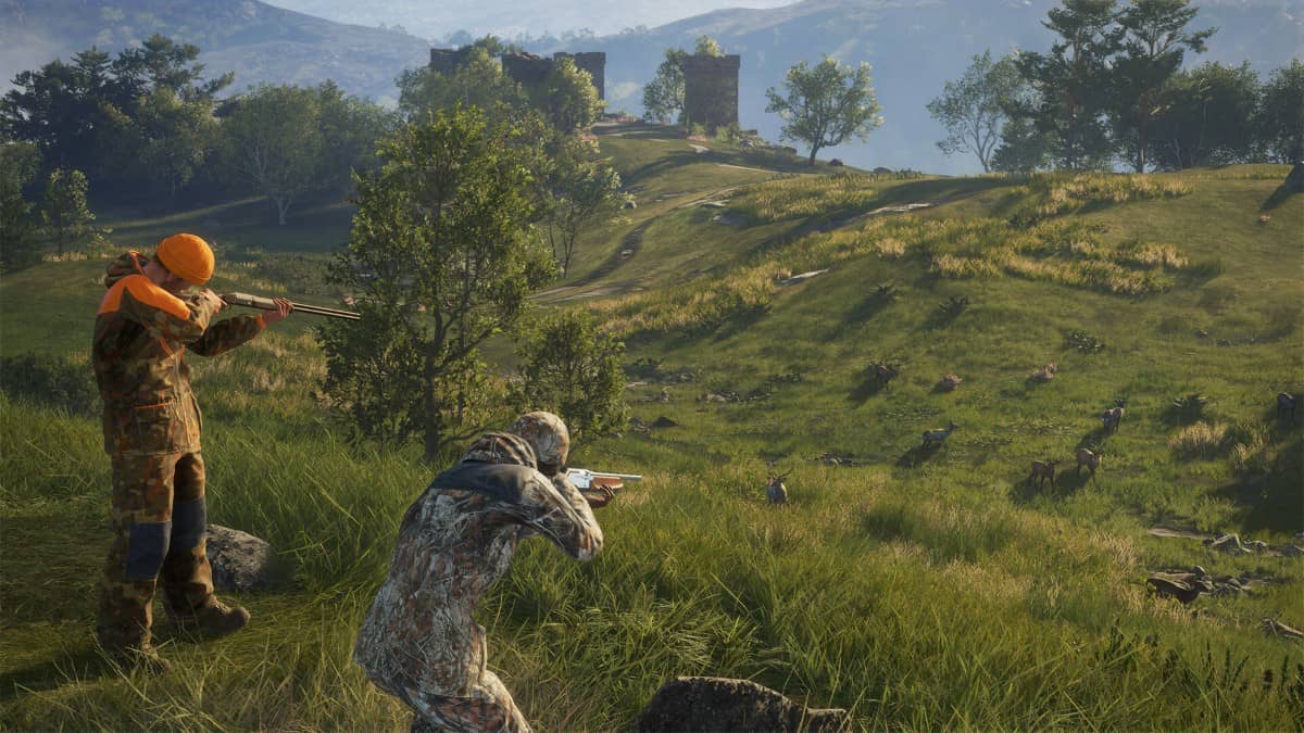 Two players aiming down sights from a hill in theHunter Call of the Wild Scotland Hunting Reserve as animals run below.