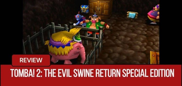Tomba in a cave room with an elephant in a cage and pigs roaming in Tomba! 2: The Evil Swine Return Special Edition.