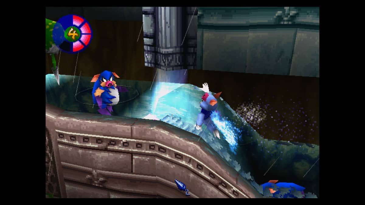 Tomba riding a stream of water toward enemies in Tomba! 2: The Evil Swine Return Special Edition.