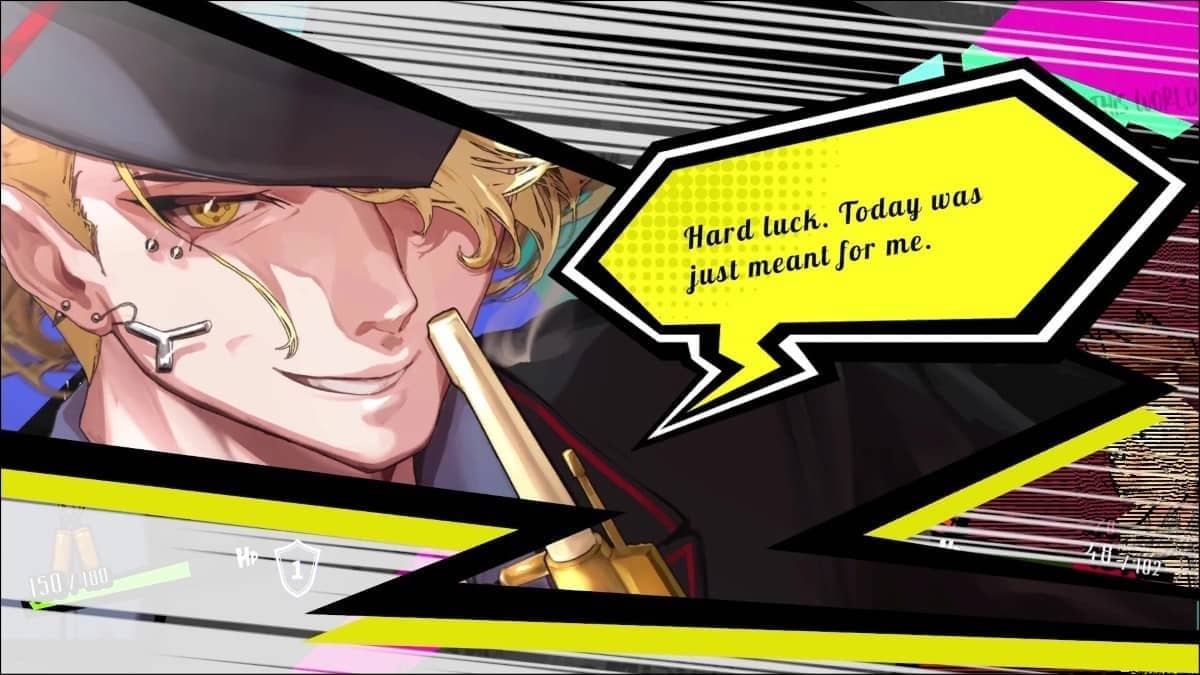 A cinematic ANTHEM#9 cutscene showing a male character saying Hard luck in its anime styled presentation.