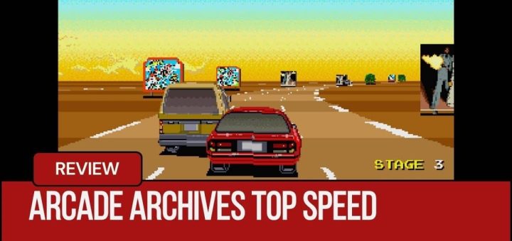 Arcade Archives TOP SPEED showing a sunset corner overtake as the player car slips past a van.