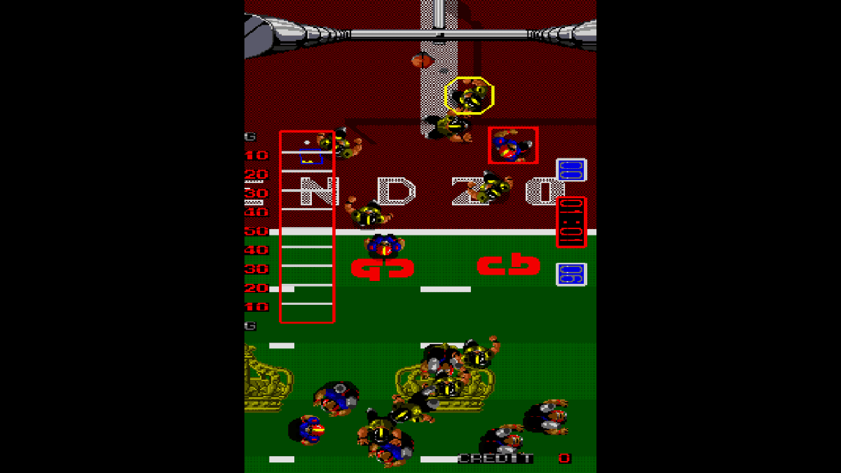 A goal line play in Arcade Archives TOUCHDOWN FEVER with a pass heading to a receiver in the back of the red zone.