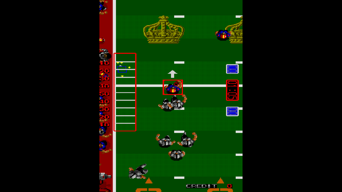 The defense holds strong at midfield in Arcade Archives TOUCHDOWN FEVER, highlighting its chunky arcade visuals.