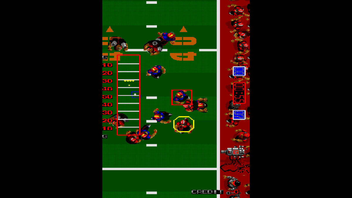 Two players collide at midfield in Arcade Archives TOUCHDOWN FEVER, highlighting its colourful arcade action.
