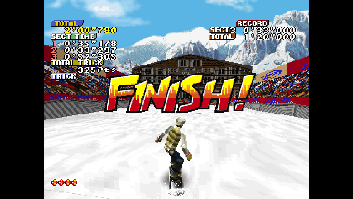 The female snowboarder completes her run in Console Archives Cool Boarders as a large FINISHED text appears before the crowd.
