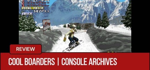 A female snowboarder performs a mid-air spin in Console Archives Cool Boarders as she speeds down a snowy slope.