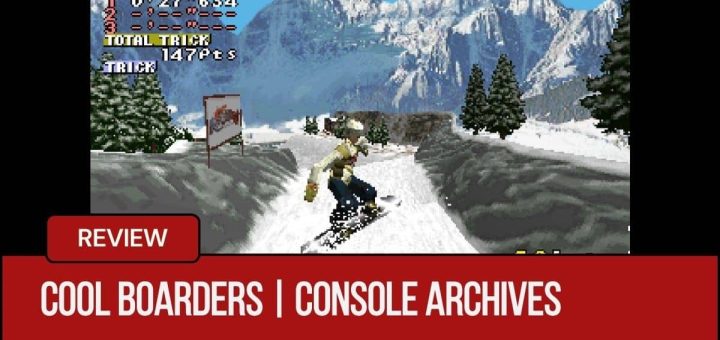 A female snowboarder performs a mid-air spin in Console Archives Cool Boarders as she speeds down a snowy slope.