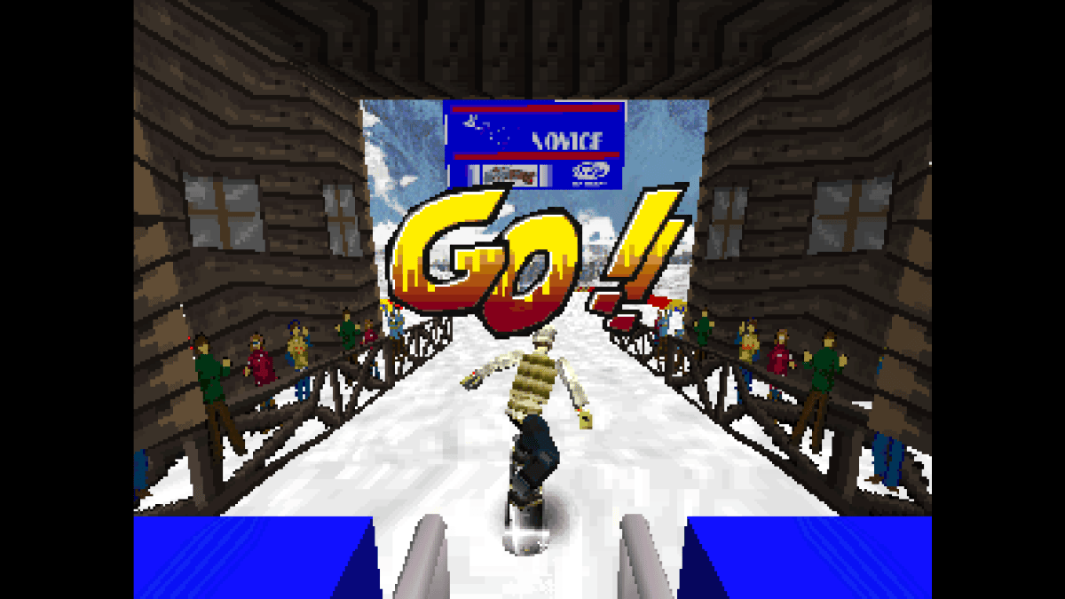 The female snowboarder begins her run in Console Archives Cool Boarders as a large GO text fills the screen.
