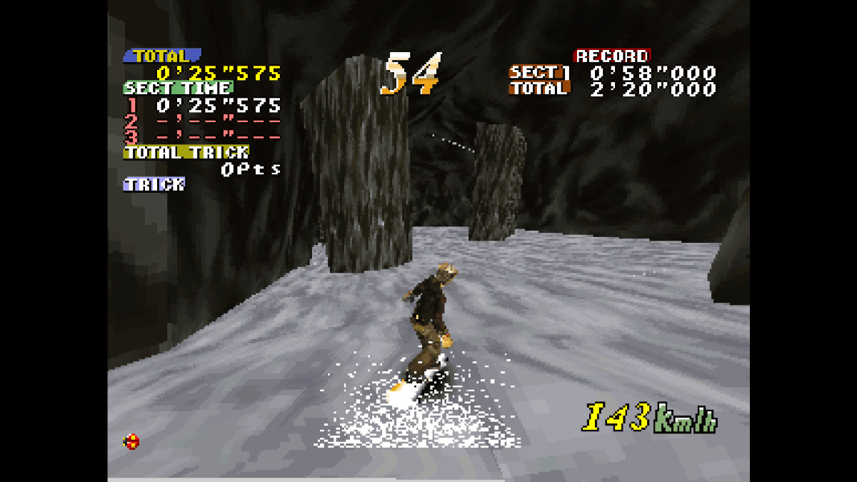 The female snowboarder rides through a dim tunnel with stone pillars in Console Archives Cool Boarders.