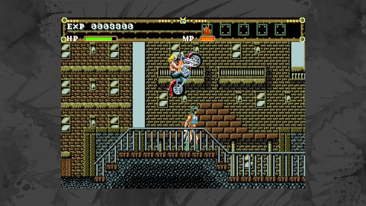 A layered city building fight with enemies on multiple steps in Earnest Evans Collection.