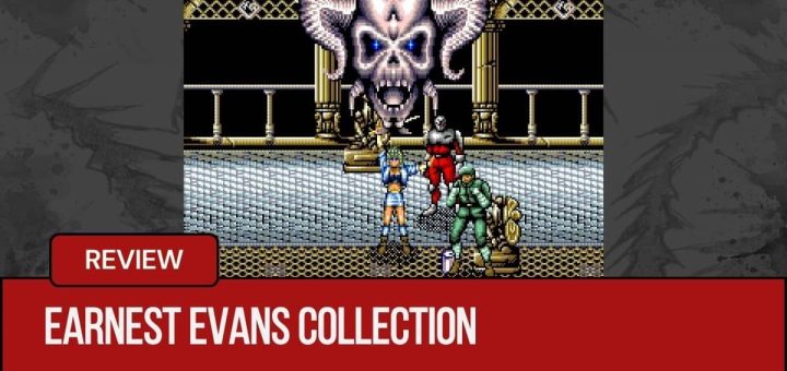 The team battles a massive screen-filling skull in Earnest Evans Collection during an intense moment.