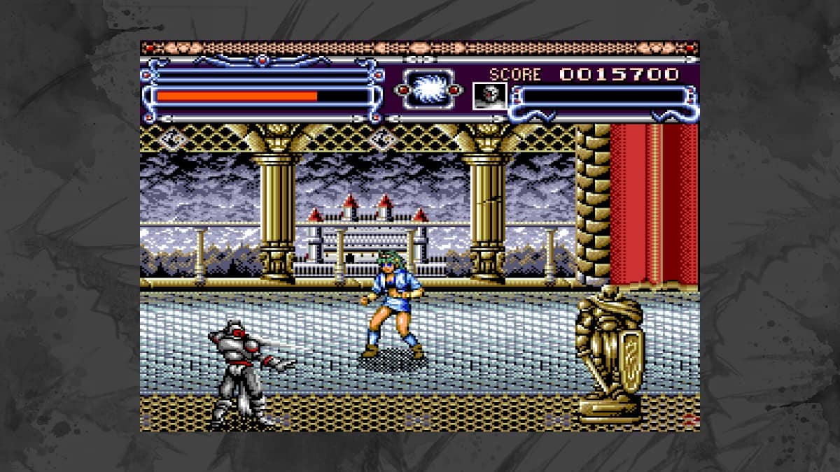 The team approaches a grand palace entrance in Earnest Evans Collection during a tense moment.