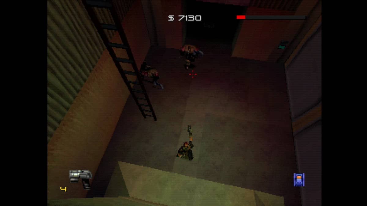 Aerial 3rd person view in Fighting Force Collection showing the reticule aiming at two enemies.