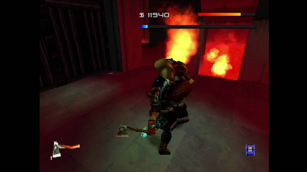 A tense small-room fight in Fighting Force Collection with fire spreading through the door and an axe on the floor.