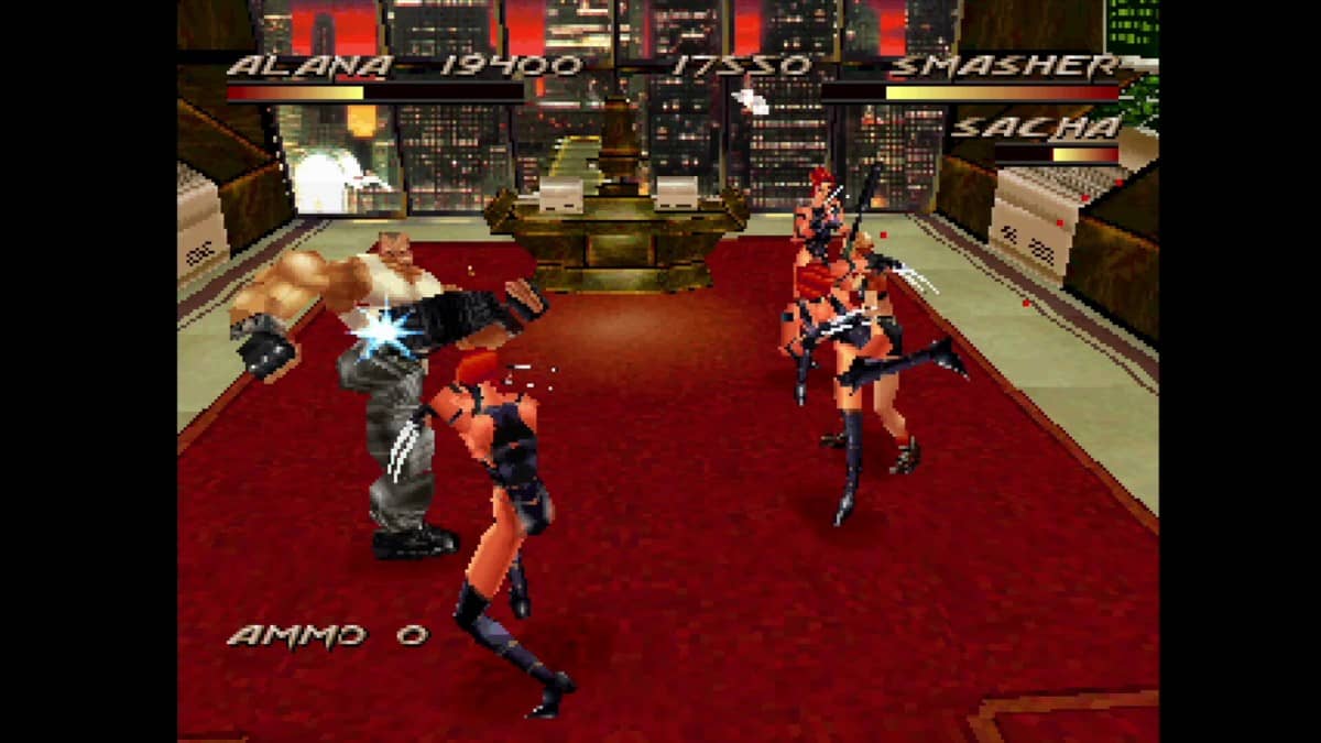 Two players battling in a high-rise office with red rugs and a city skyline in Fighting Force Collection.