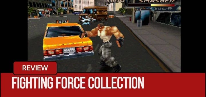 Smasher smashing a yellow cab in the city streets level from Fighting Force Collection.