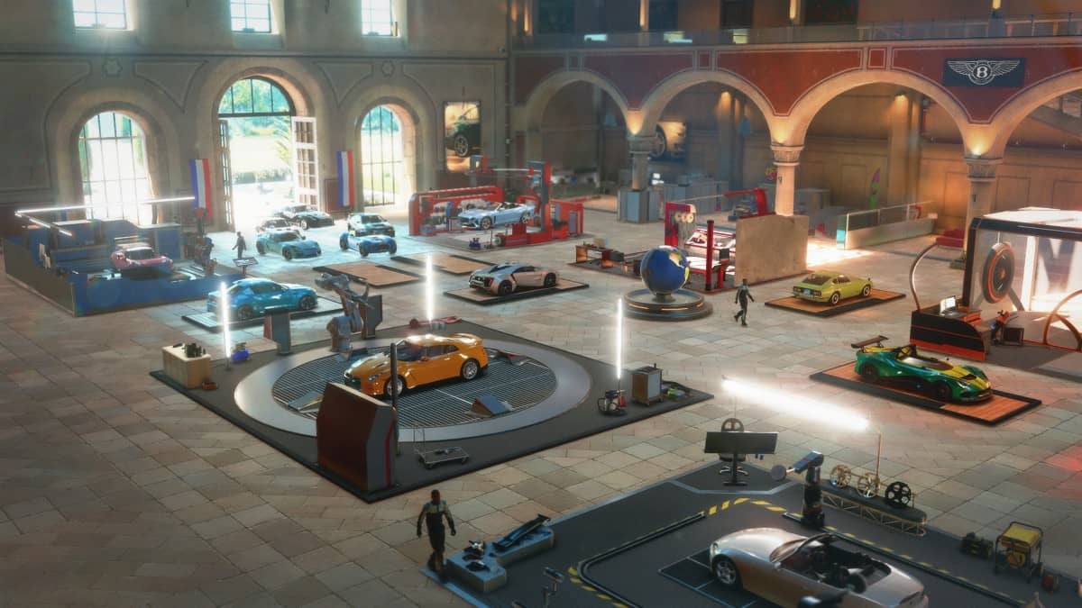 Gear.Club Unlimited 3 showing a customised garage filled with ramps and display cars highlighting upgrade options.