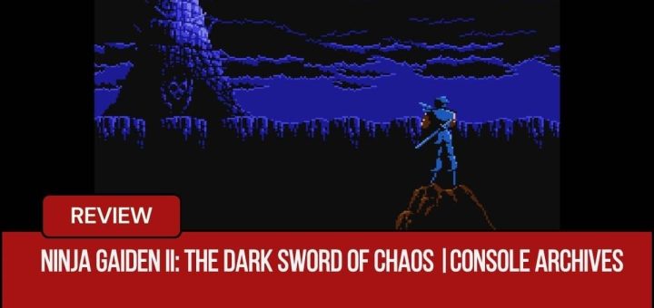 A dramatic mountain‑top cutscene from Console Archives Ninja Gaiden II: The Dark Sword of Chaos overlooking a distant night castle.