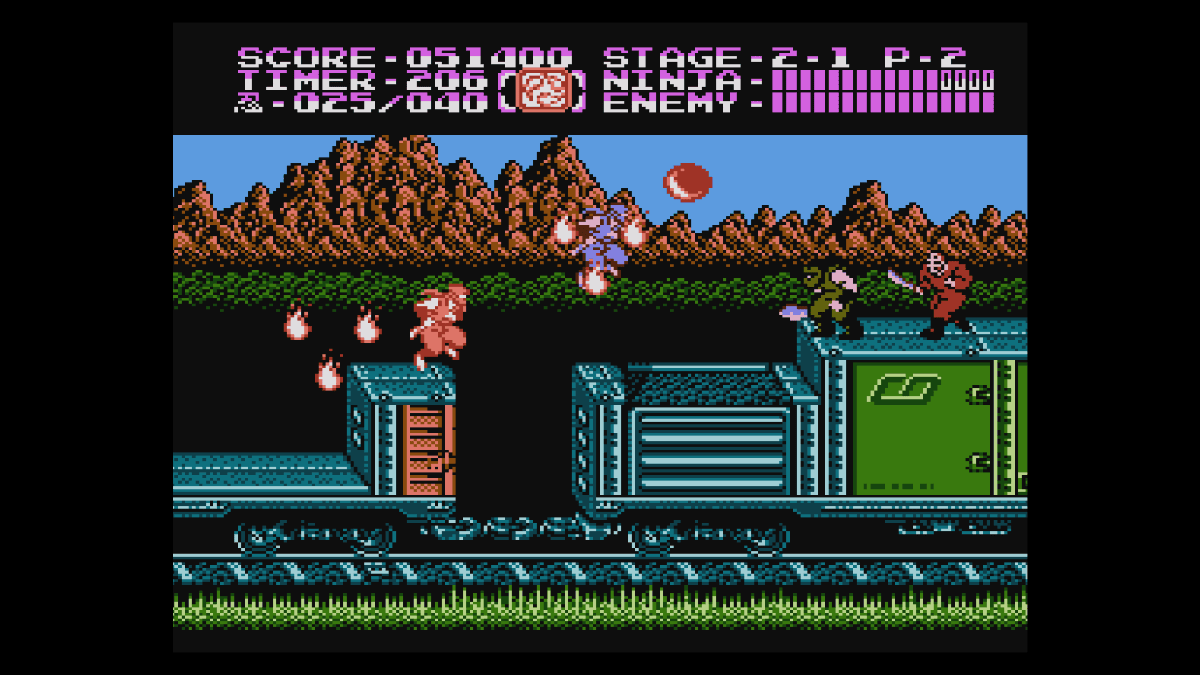 Ryu battles multiple foes on a speeding train in Console Archives Ninja Gaiden II: The Dark Sword of Chaos.